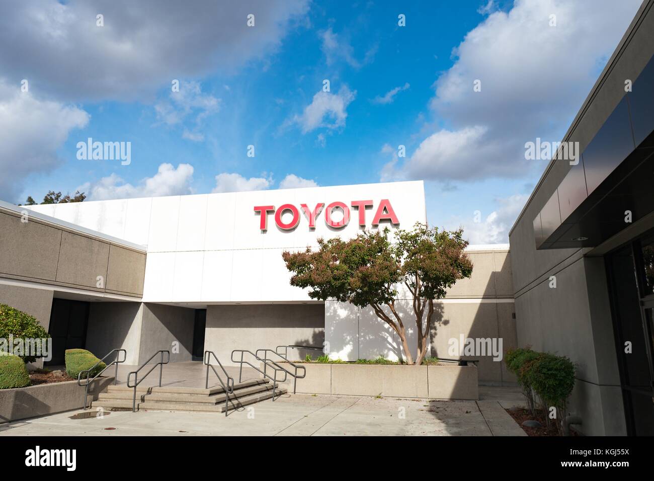 Building with sign at the San Francisco regional headquarters of automotive company Toyota, in the Bishop Ranch office park in San Ramon, California, October 20, 2017. () Stock Photo