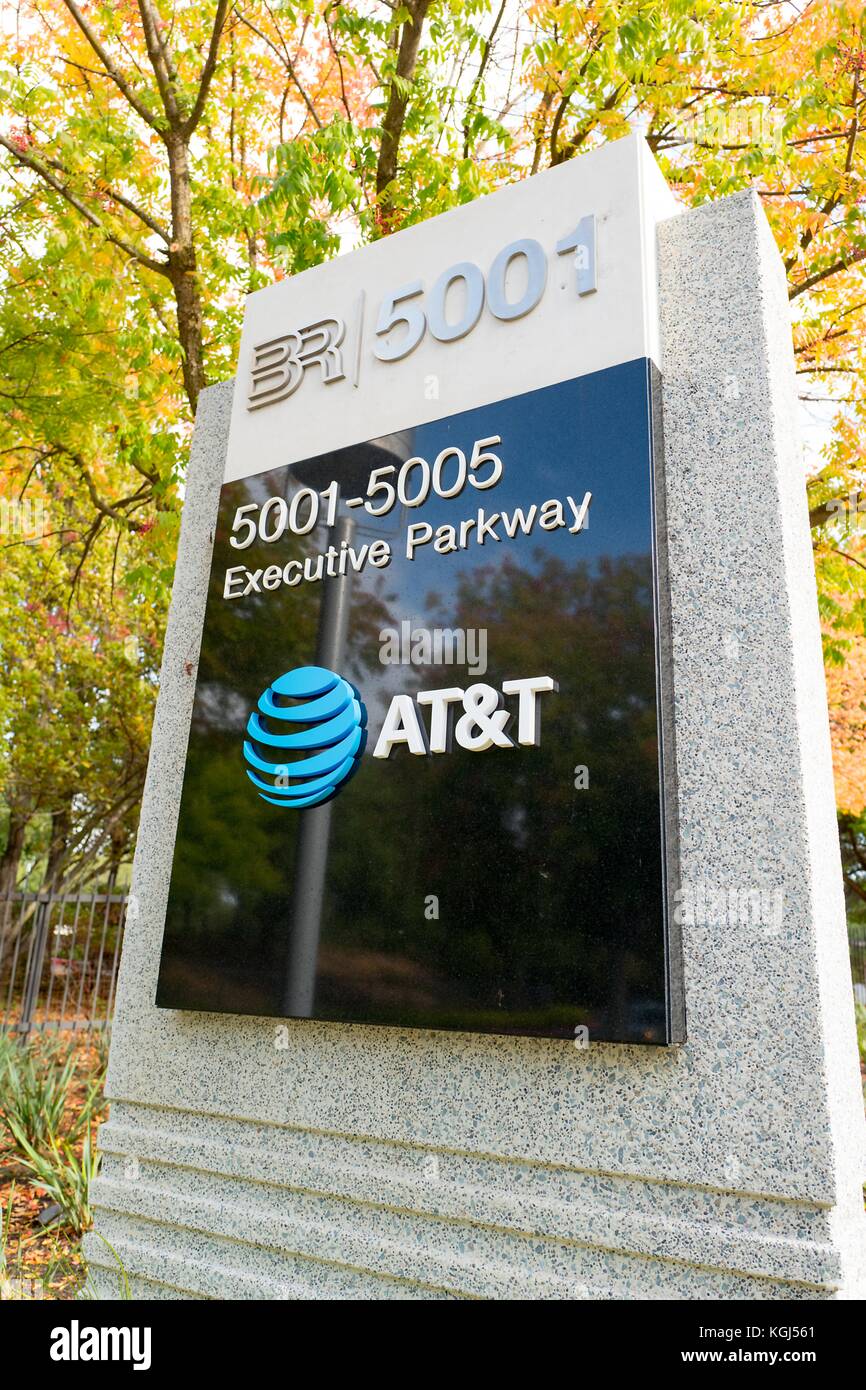 Sign with logo at the regional headquarters of telecommunications company ATT in the Bishop Ranch office park in San Ramon, California, October 20, 2017. () Stock Photo