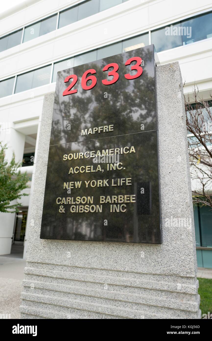 Sign listing companies including Mapfre, Sourceamerica, Accela, New York Life and Carlson Berbee and Gibson, in the Bishop Ranch office park in San Ramon, California, October 20, 2017. () Stock Photo