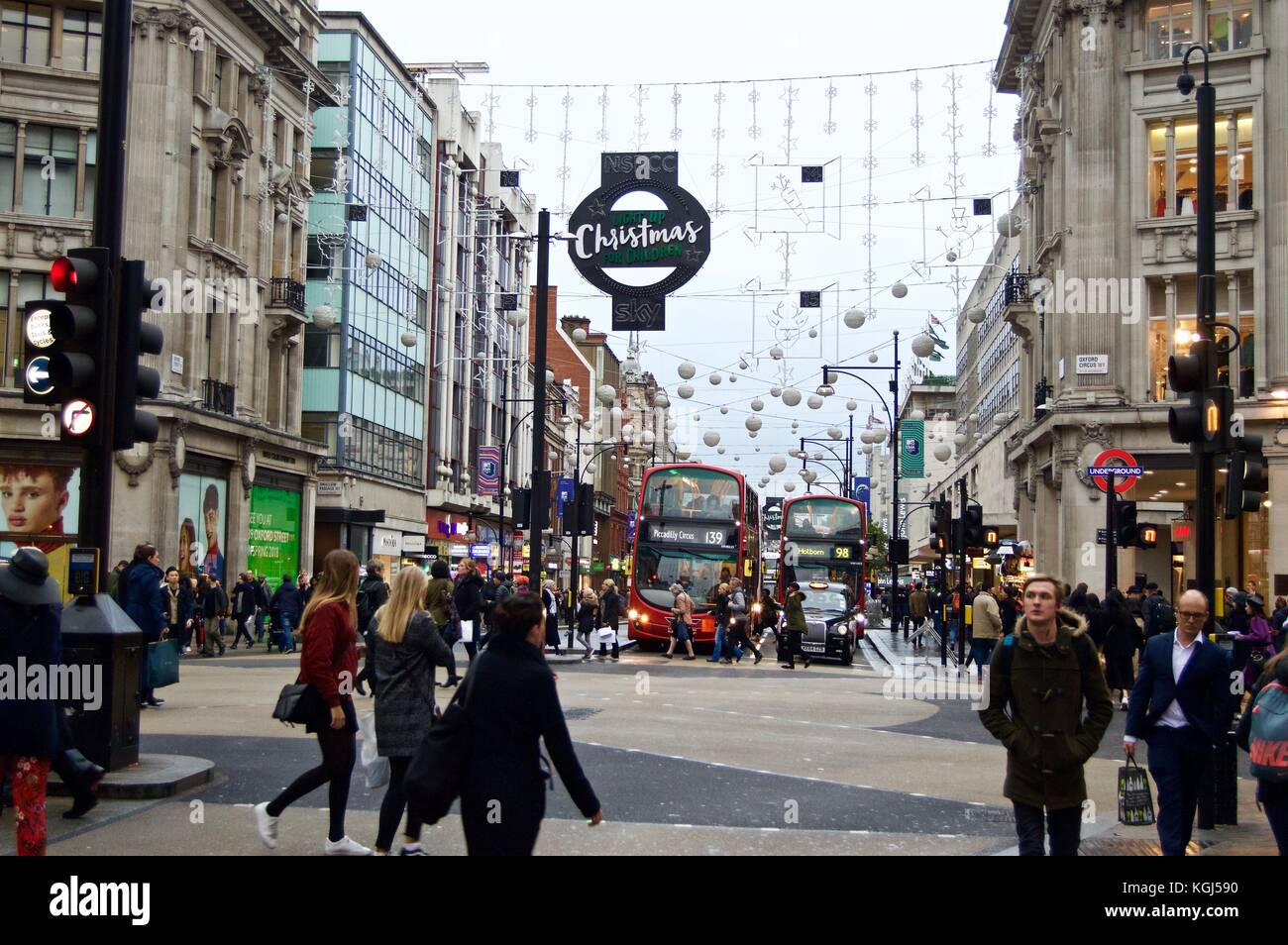 Oxford Circus Christmas lights 2017 before switch on, sponsored by NSPCC and Sky, Oxford Street, London, UK Stock Photo