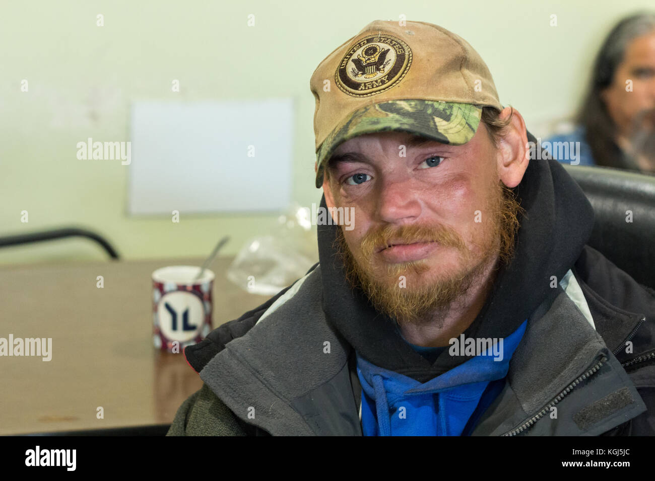 Juneau, Alaska, USA - July 27th, 2017: A local resident who is regular  visitor of The Glory Hole, Juneau’s emergency homeless shelter, the Housing Fi Stock Photo