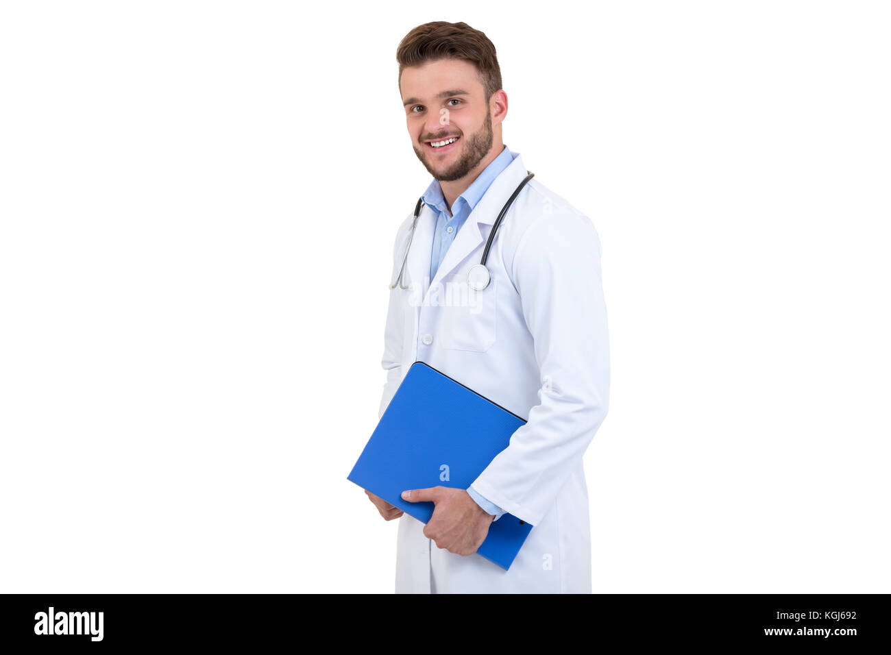Male Doctor standing with folder, isolated on white background Stock ...