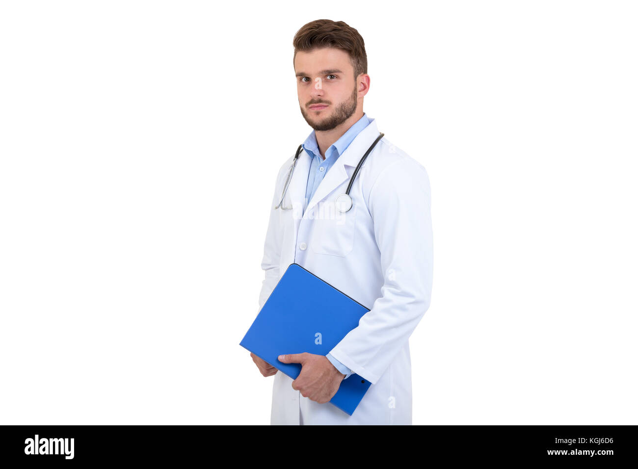 Male Doctor standing with folder, isolated on white background Stock ...