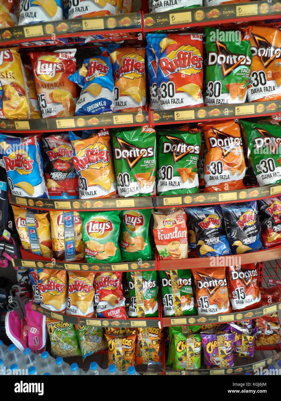 Display of potato snack packets for sale in a local Turkish Stock Photo