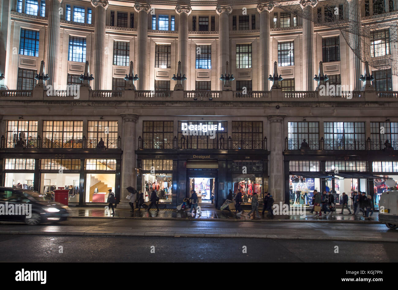 The West End, London, UK. 7th Nov, 2017. Shops in London's West End gear up  for the Christmas season on the night Oxford Street lights are switched on.  Frontage of Desigual store
