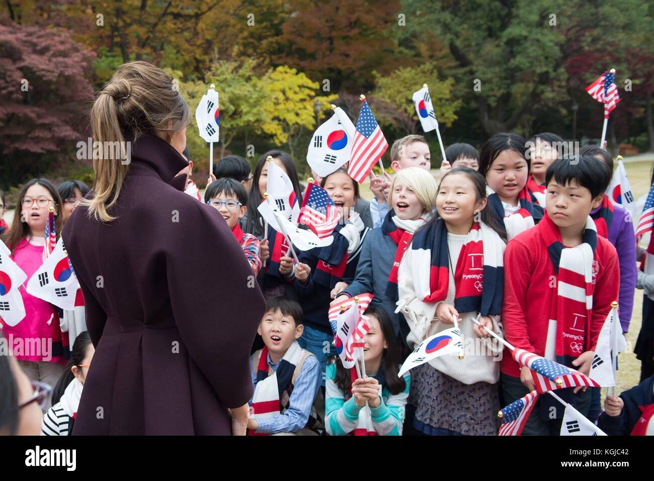 U.S first lady Melania Trump speaks to Korean middle school students during a Girls Play 2 event as part of the Olympic outreach campaign at the U.S. Ambassadors Residence November 7, 2017 in Seoul, South Korea. Trump is on the second stop of a 13-day swing through Asia. Stock Photo