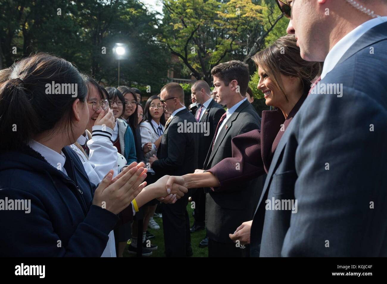 U.S first lady Melania Trump greets Korean middle school students during a Girls Play 2 event as part of the Olympic outreach campaign at the U.S. Ambassadors Residence November 7, 2017 in Seoul, South Korea. Trump is on the second stop of a 13-day swing through Asia. Stock Photo