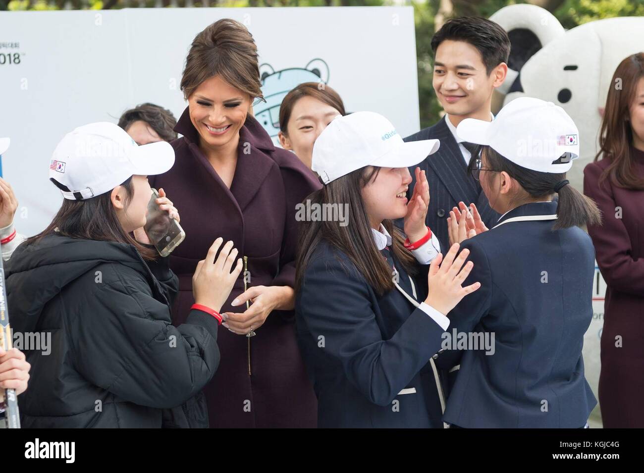 U.S first lady Melania Trump greets Korean middle school students during a Girls Play 2 event as part of the Olympic outreach campaign at the U.S. Ambassadors Residence November 7, 2017 in Seoul, South Korea. Trump is on the second stop of a 13-day swing through Asia. Stock Photo