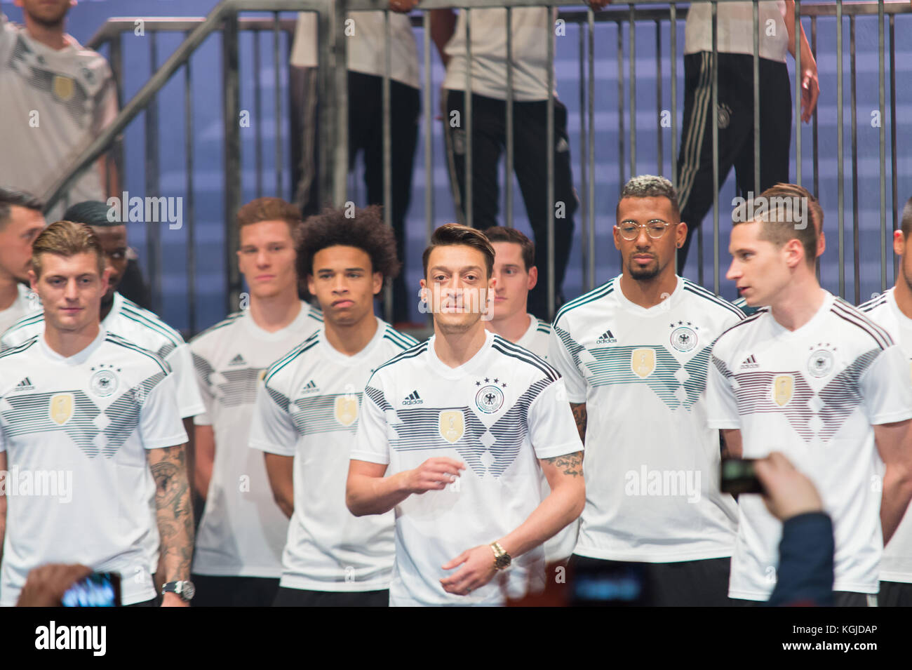 Berlin, Germany . 07th Nov, 2017. v.l. Toni Kroos, Leroy Sane, Mesut Oezil, Jerome Boateng, Julian Draxler, on stage, in front Mesut Oezil, here to create, home jersey - dfb - presentation for the upcoming 2018 World Cup in Russia - WM 2018, The BASE Berlin, Uferhallen, Foto: Uwe Koch/fotobasis.org Credit: Uwe Koch/Alamy Live News Stock Photo
