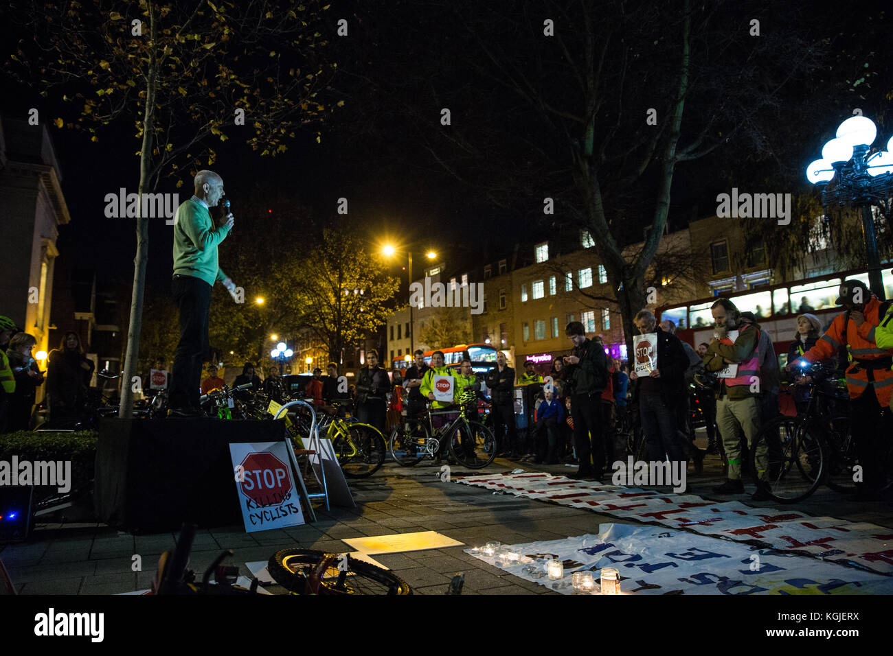 London, UK. 8th November, 2017. Donnachadh McCarthy, co-founder of Stop Killing Cyclists, addresses fellow cycling campaigners holding a vigil for Jerome Roussel outside Islington town hall. Jerome Roussel was  a 51-year-old cyclist who died in hospital on 25th June, seven weeks after a cycling accident on Pentonville Road. An inquest into his death was due to be held today. Credit: Mark Kerrison/Alamy Live News Stock Photo