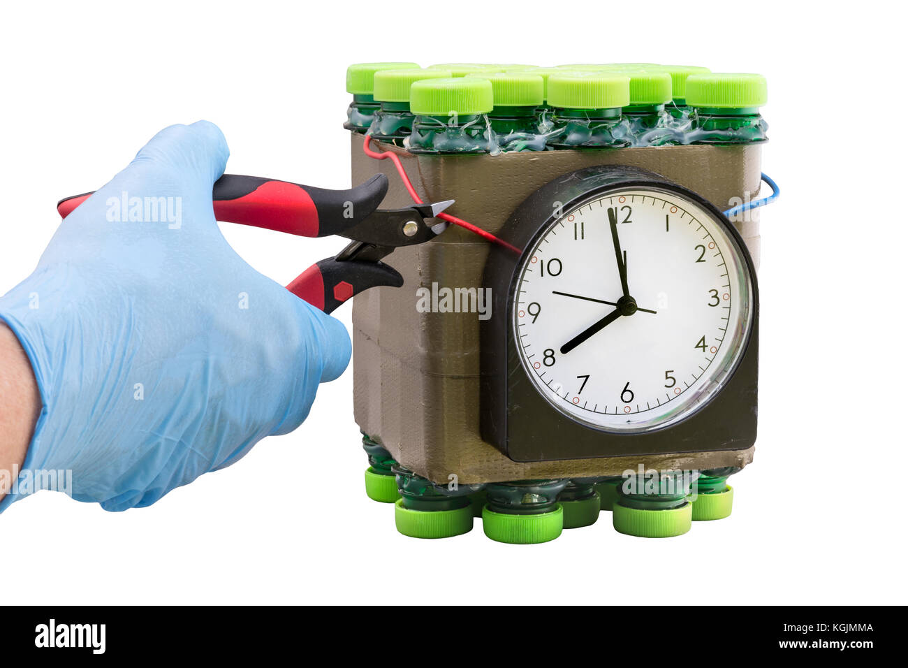 Deactivation of found timed bomb by expert. Disposal of dangerous explosive. Isolated on white background. Stock Photo