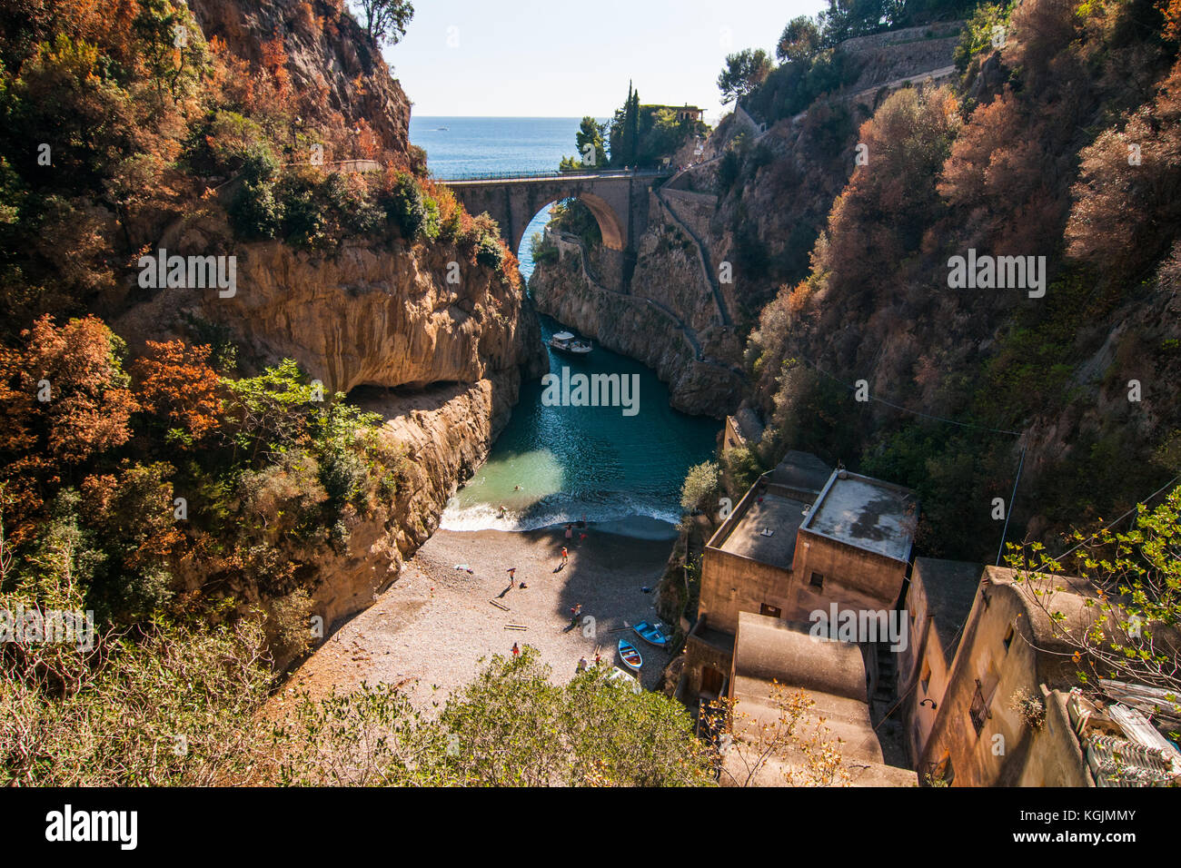A view of the Fiordo of Furore in the village of Furore, Italy. Furore, located on the Amalfi