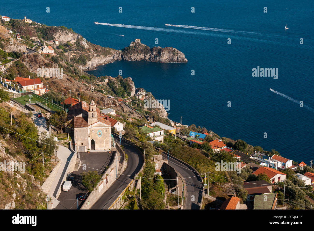 A view of the village of Furore, Italy. Furore, located on the Amalfi ...