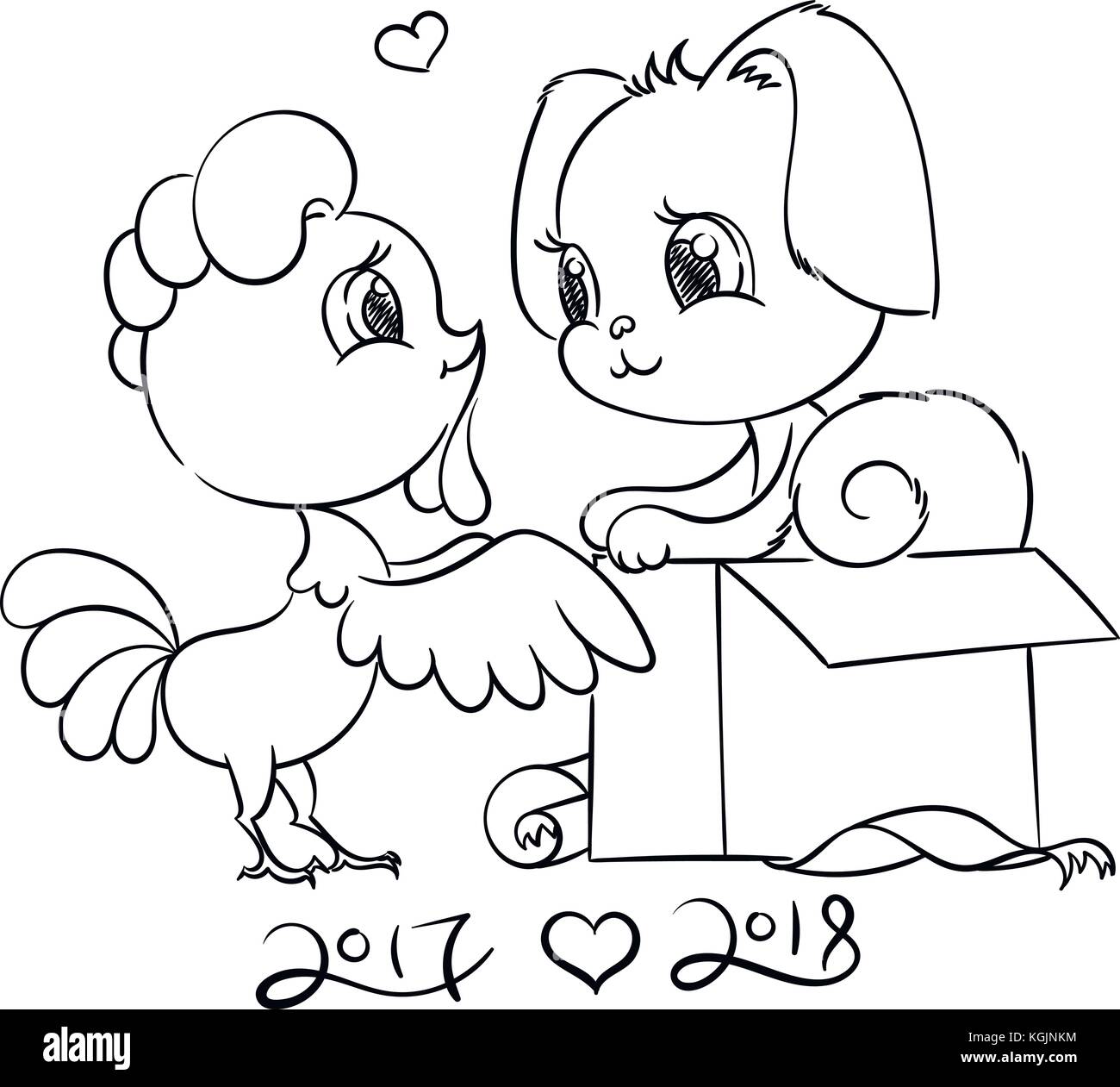 Funny cartoon card with dog and rooster. Symbols of 2017 and 2018. Happy  New Year vector illustration with human friends cute animals Stock Vector  Image & Art - Alamy