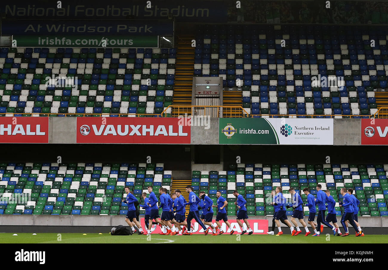 Northern Ireland players during training at Windsor Park, Belfast. Stock Photo
