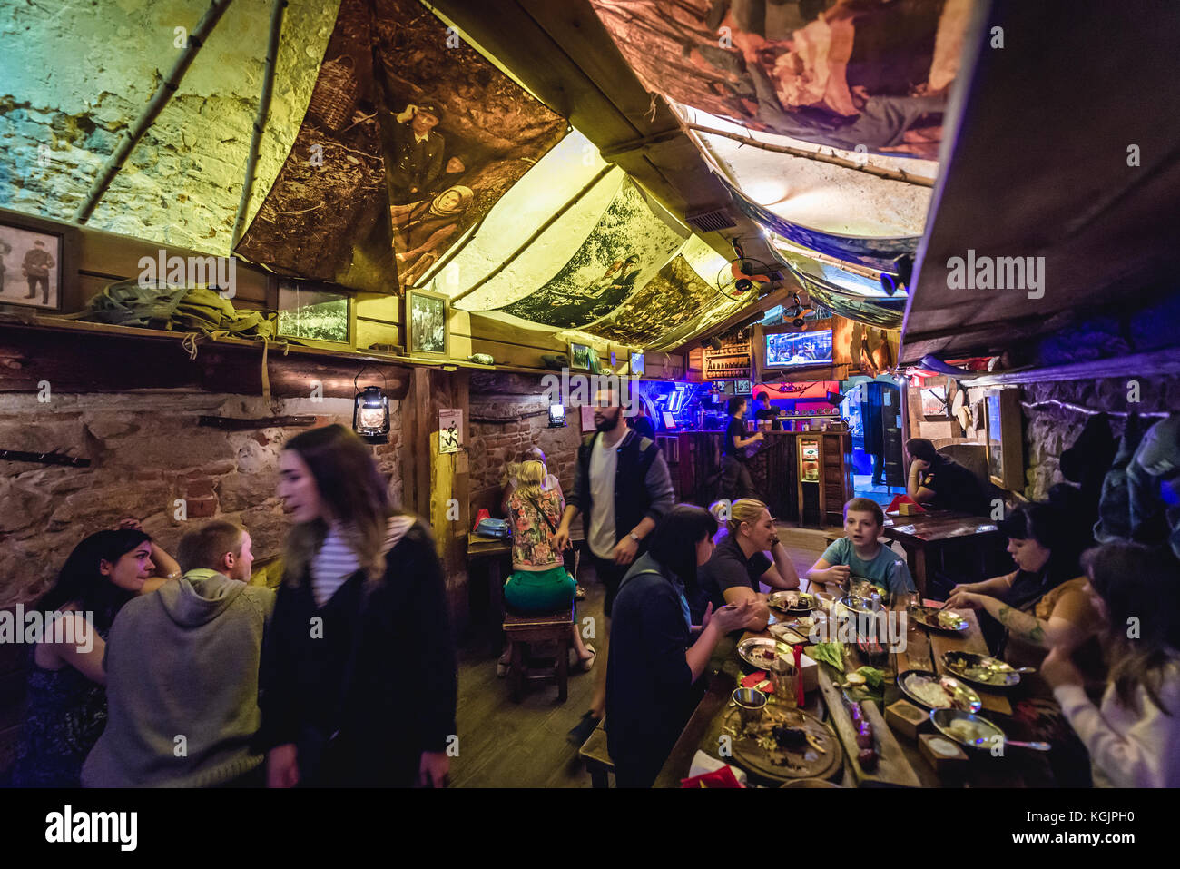 Kryyivka (Hiding place - in English known as Underground Bunker) Restaurant and Bar on the Old Town of Lviv city, largest city in western Ukraine Stock Photo