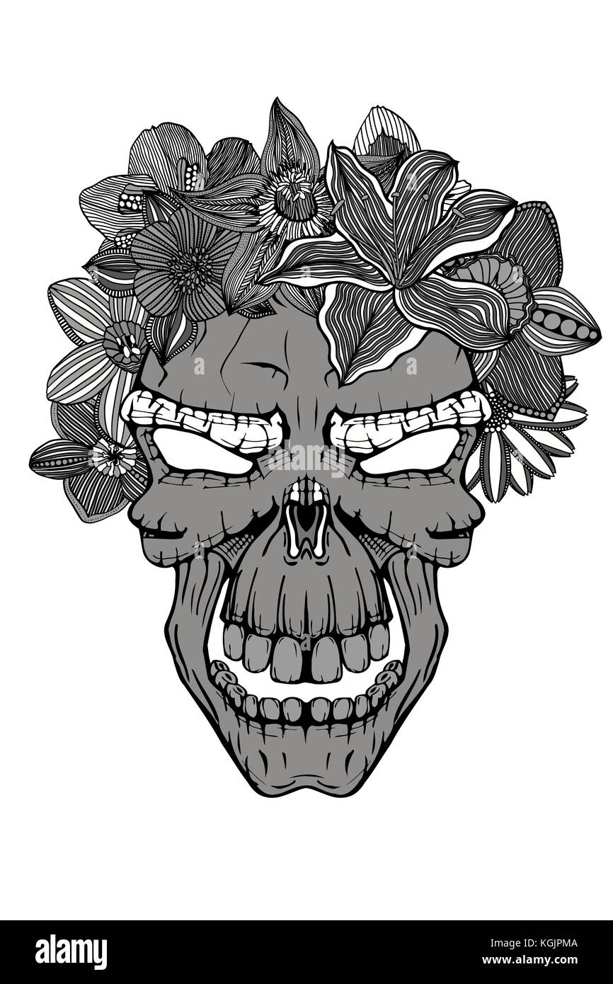 Skull with the succulent plants and flowers. Vector illustration. Stock Vector