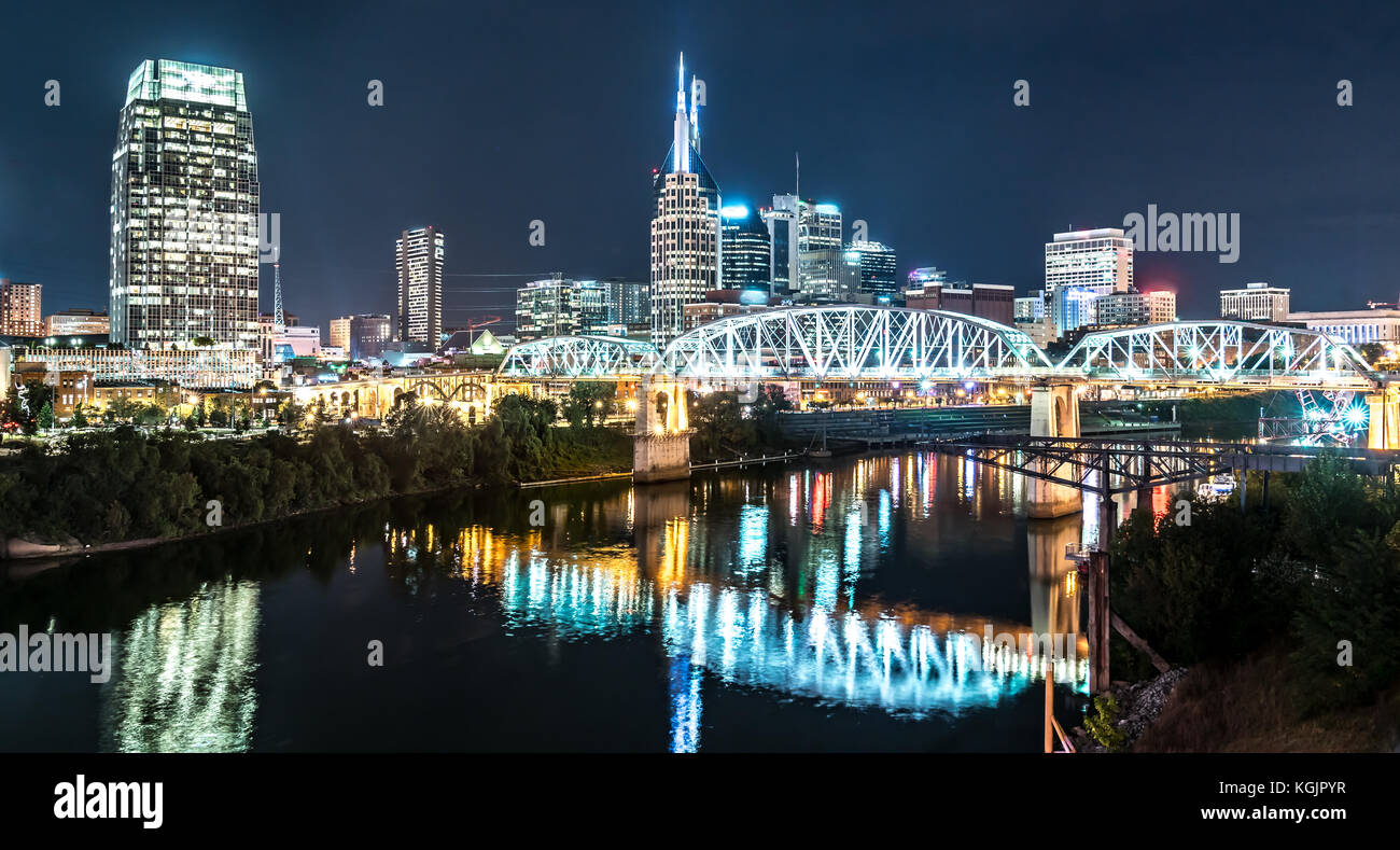 Nashville night skyline along the Cumberland river from the Korean Veterans Blvd bridge Stock Photo