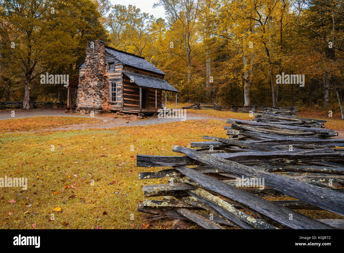 GATLINBURG, TN - OCT 8: Autumn at the John Oliver Cabin in Cades Cove in Great Smoky Mountains National Park, Tennessee on October 8, 2017. Stock Photo