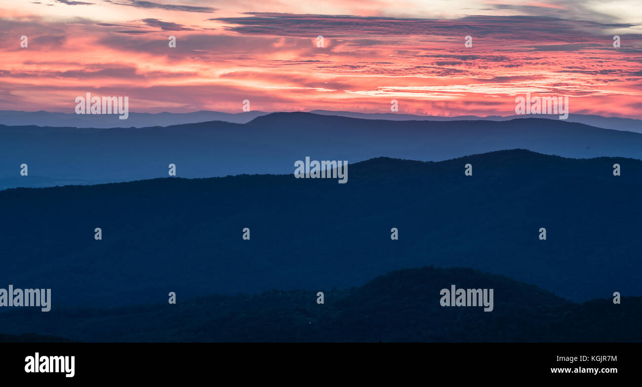 Sunset over the Blue Ridge Mountains in Shenandoah National Park in Virginia Stock Photo