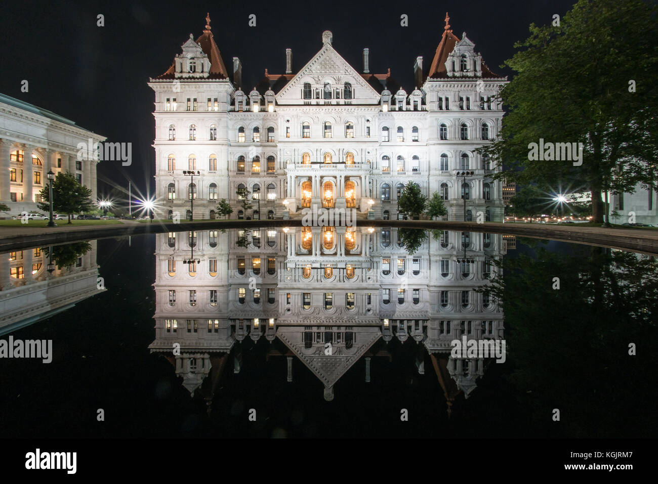 New York State Capitol Building reflection at night from East Capitol