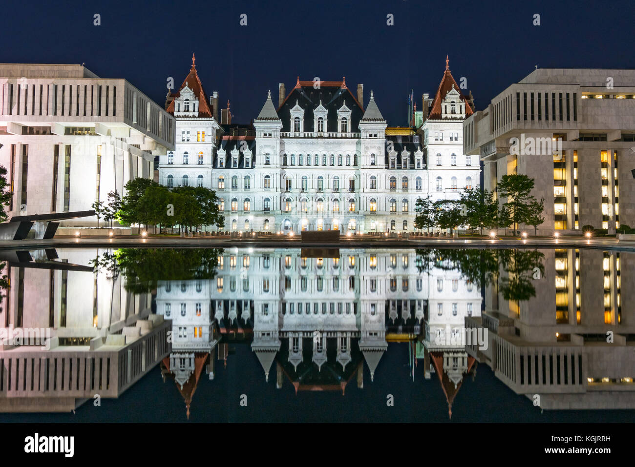 Reflection of New York State Capitol Building on the Empire State Plaza in Albany. New York Stock Photo