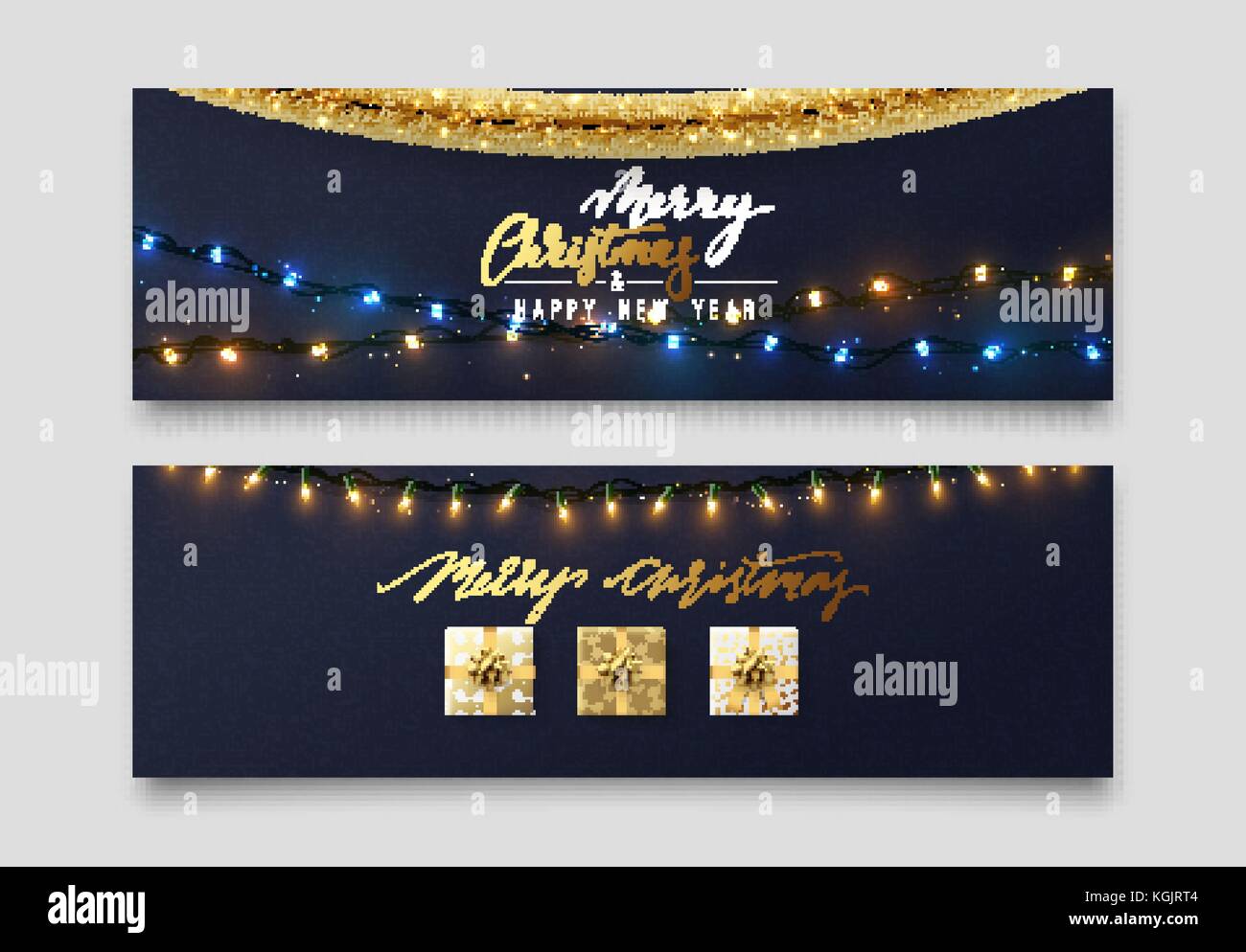 Christmas banner, Xmas sparkling lights garland with gifts and golden ...