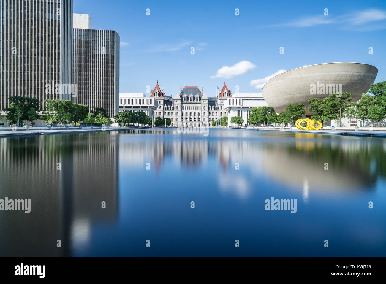 ALBANY, NY - JUNE 28: Reflection of buildings along the Empire State Plaza in Albany, New York on June 28, 2017. Stock Photo
