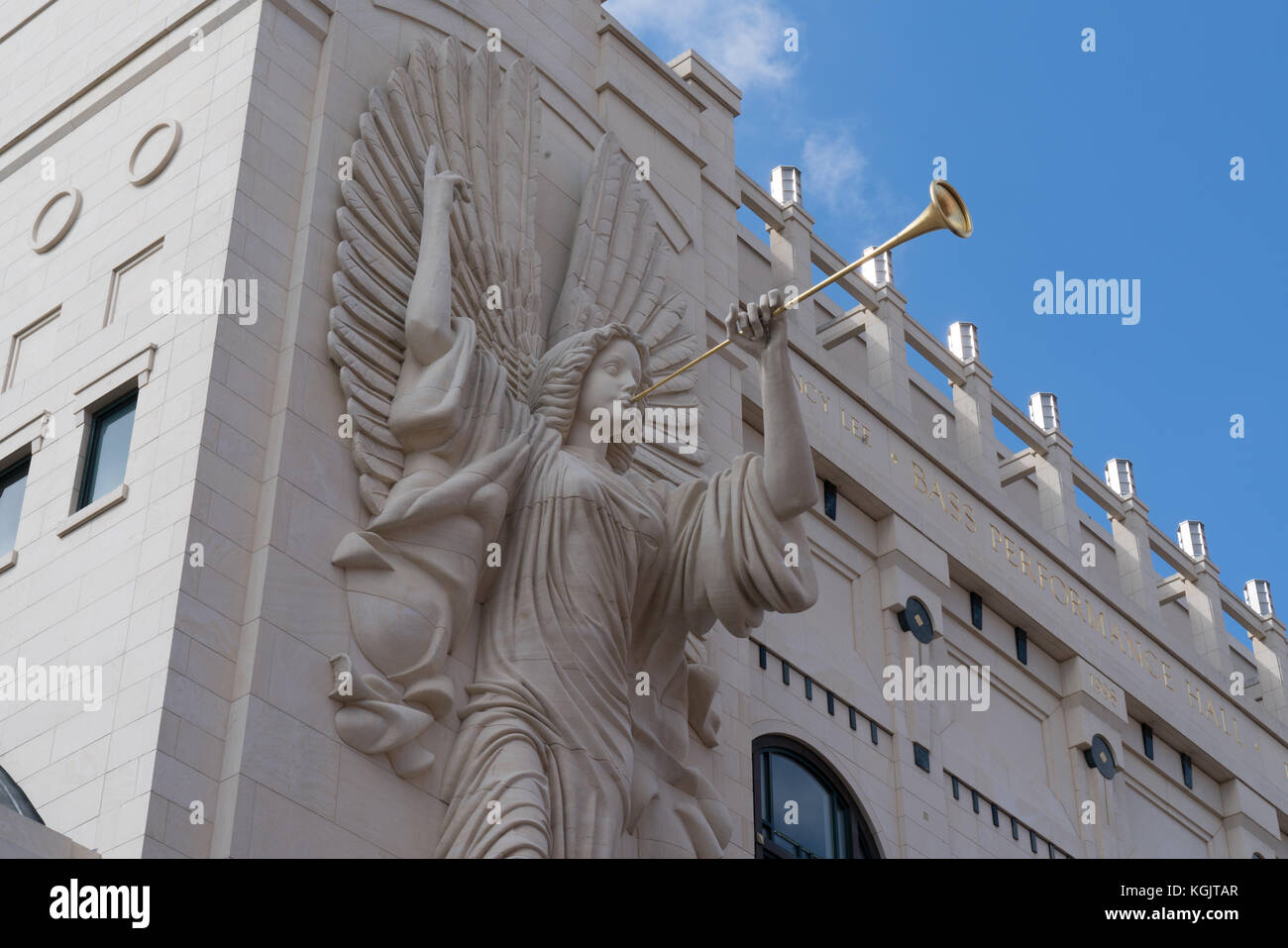 FORT WORTH, TX - MAY 12: Trumpeting Angel sculpture on the facade of Bass Performance Hall in Fort Worth, TX on May 12, 2017 Stock Photo