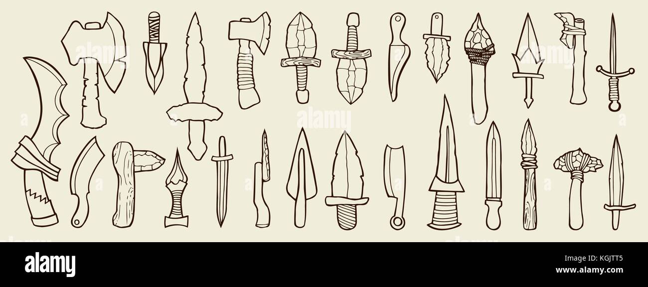Hand drawn Medieval Weapon Icons Vector Set on beige background Stock Vector