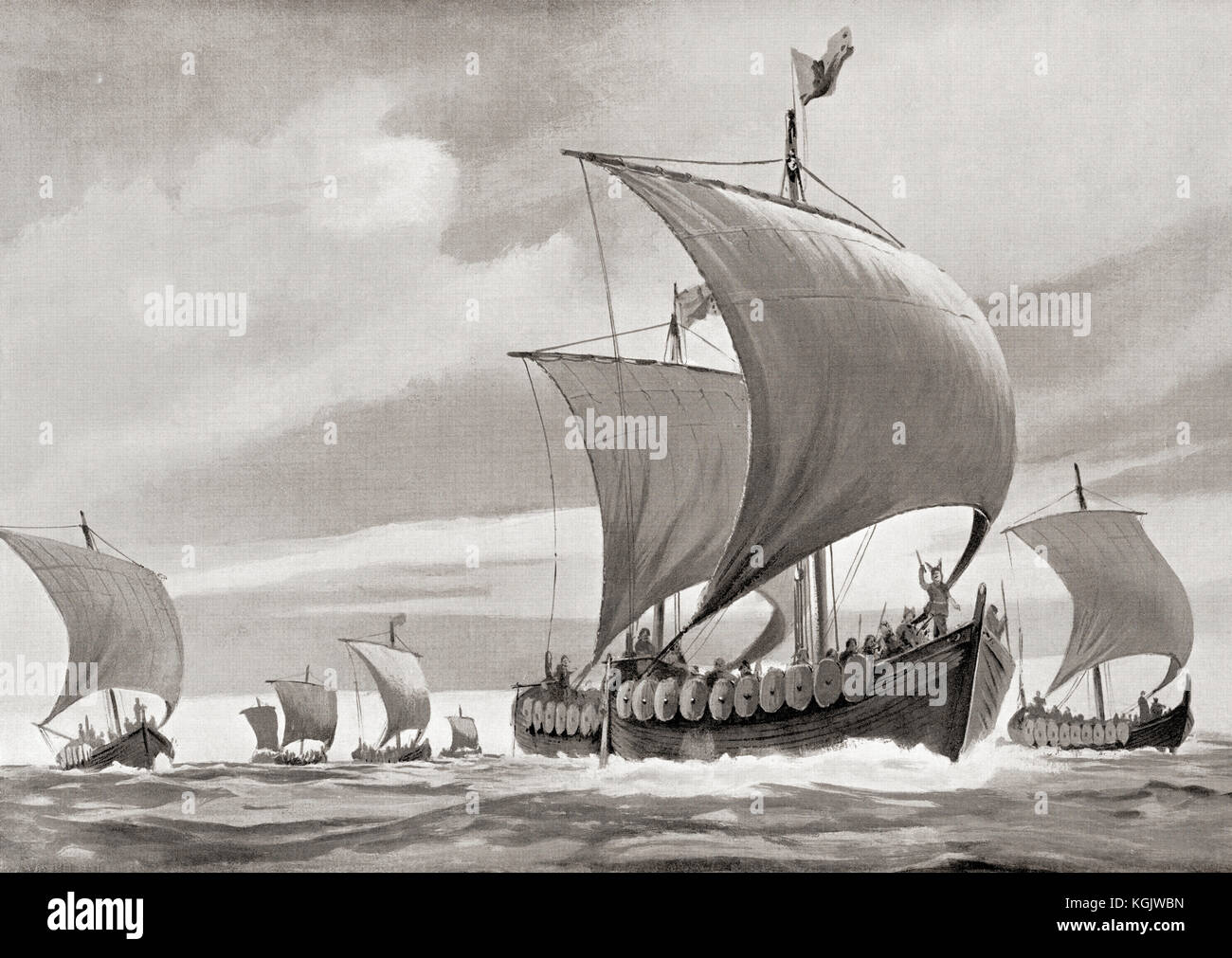 A fleet of Viking ships on a raid.  From Hutchinson's History of the Nations, published 1915. Stock Photo