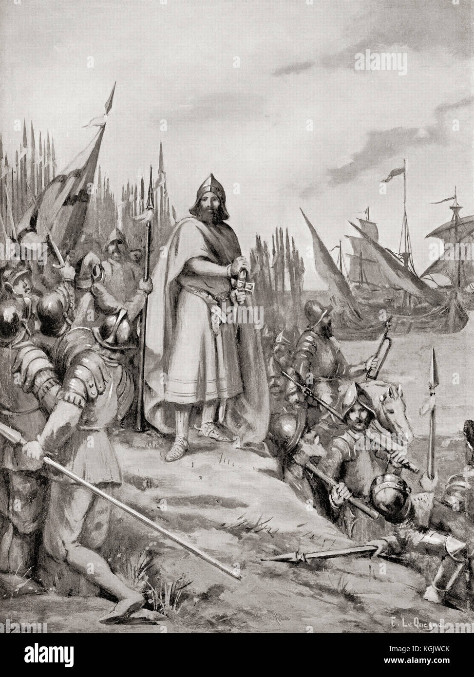 King Erik IX of Sweden lands on the coast of Finland, 1157.  Eric IX of Sweden, d. 1160, aka Eric the Lawgiver, Erik the Saint, Eric the Holy.  Swedish king c. 1156-60.  From Hutchinson's History of the Nations, published 1915. Stock Photo