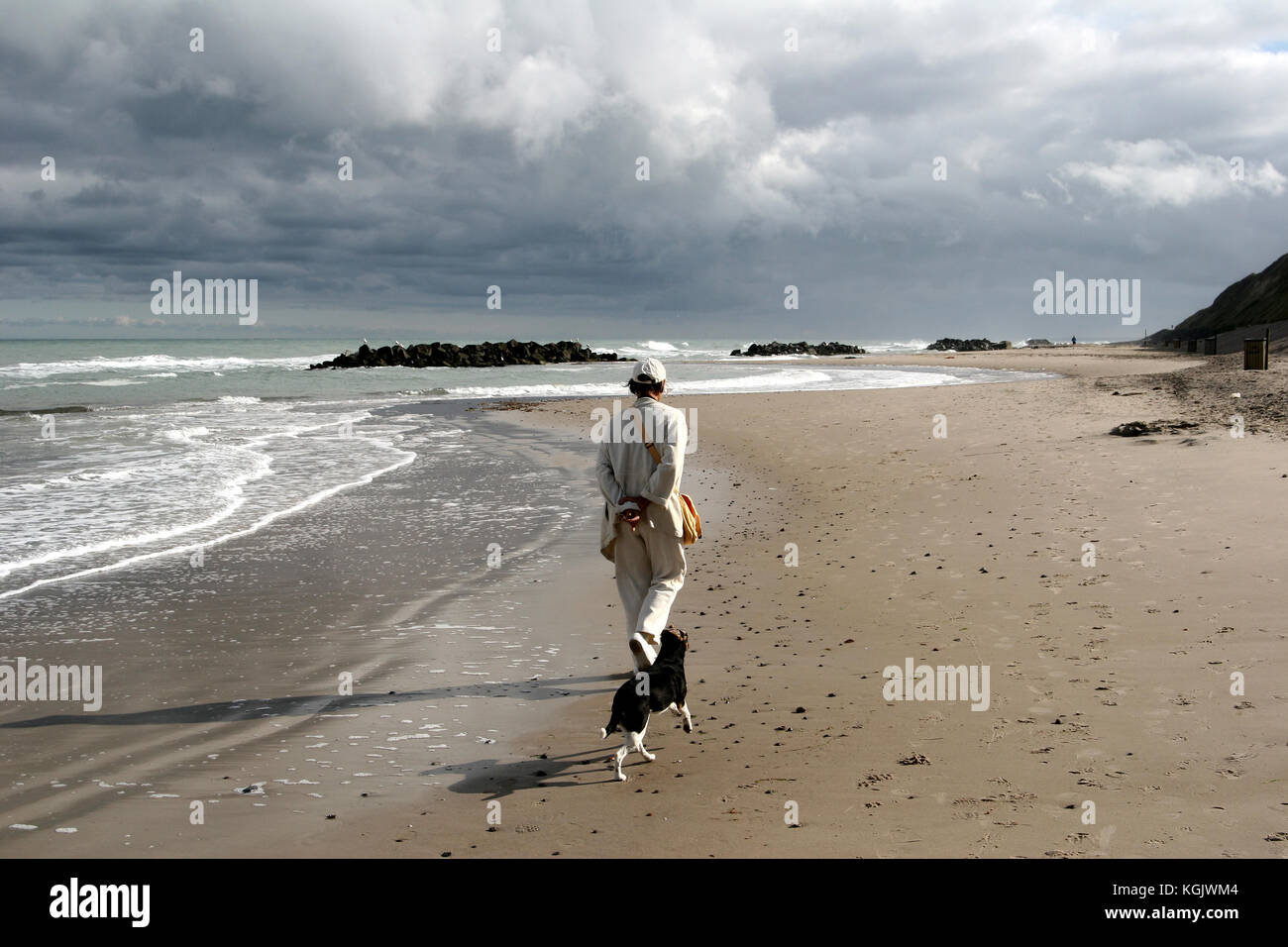 summer in denmarkloenstrup neach and harbour, a woman walking her dog