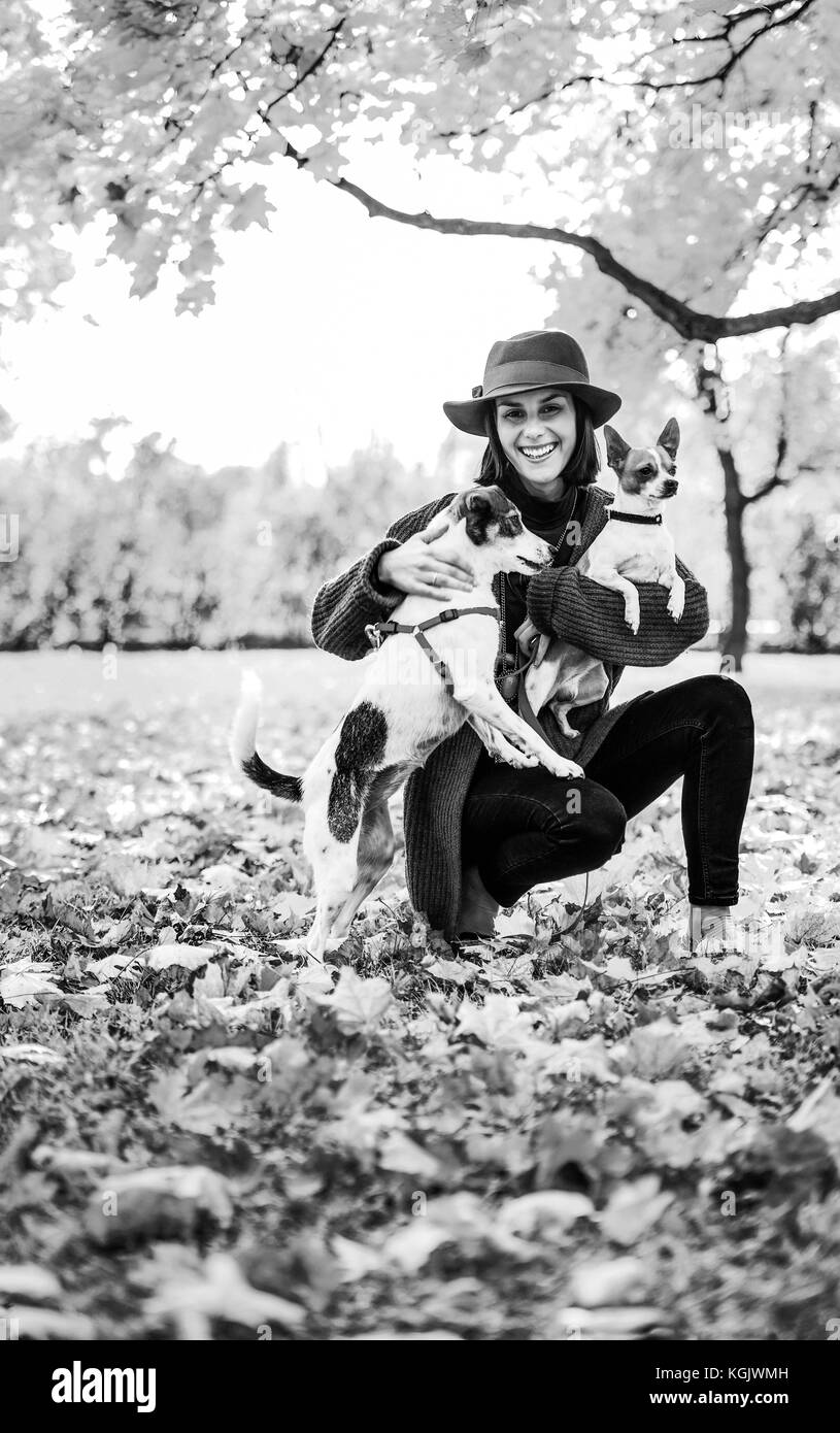Young woman in brown hat with two little dogs playing outside in autumn leaves Stock Photo