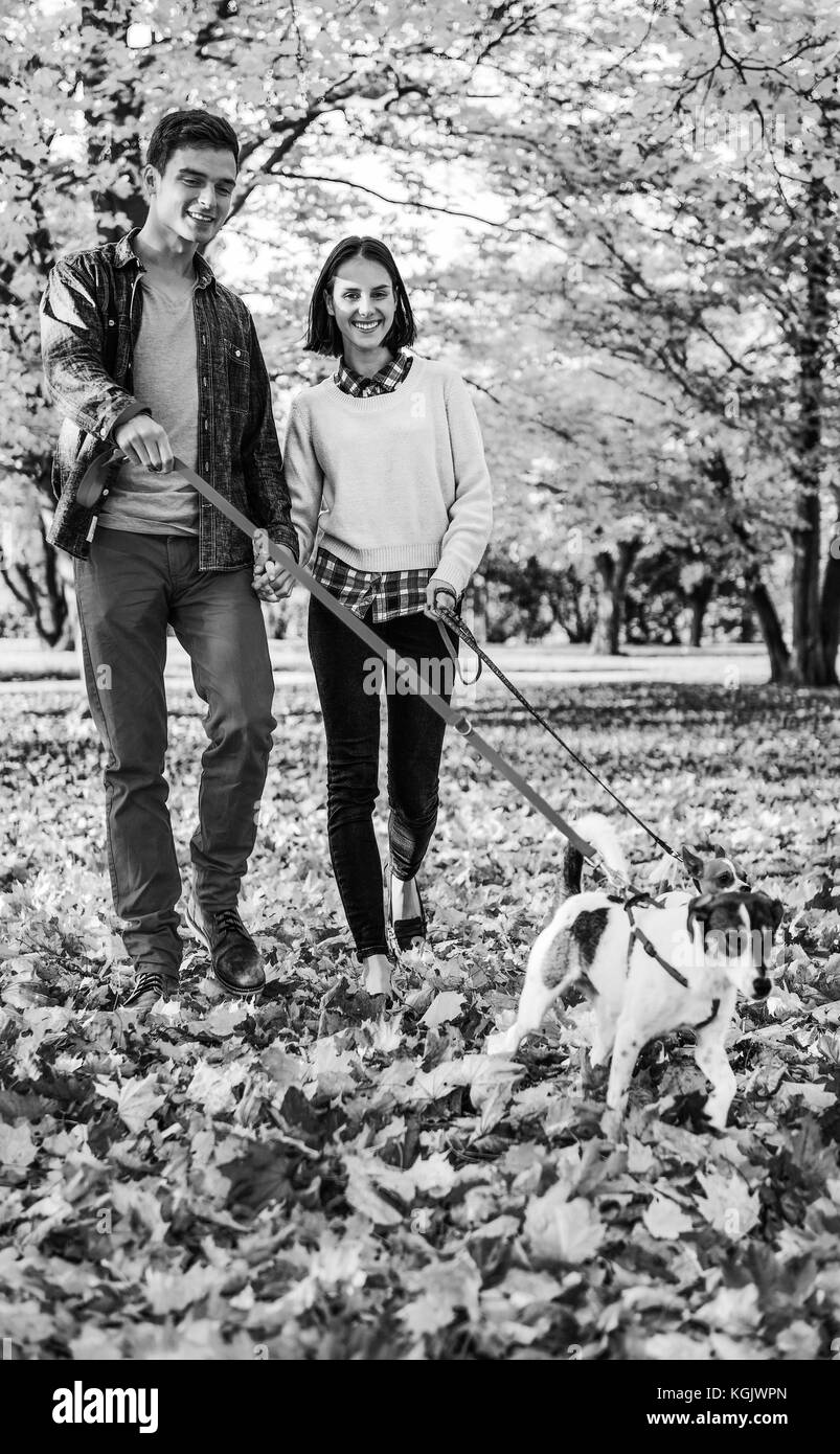 Happy young couple walking outdoors in autumn park with dogs Stock ...