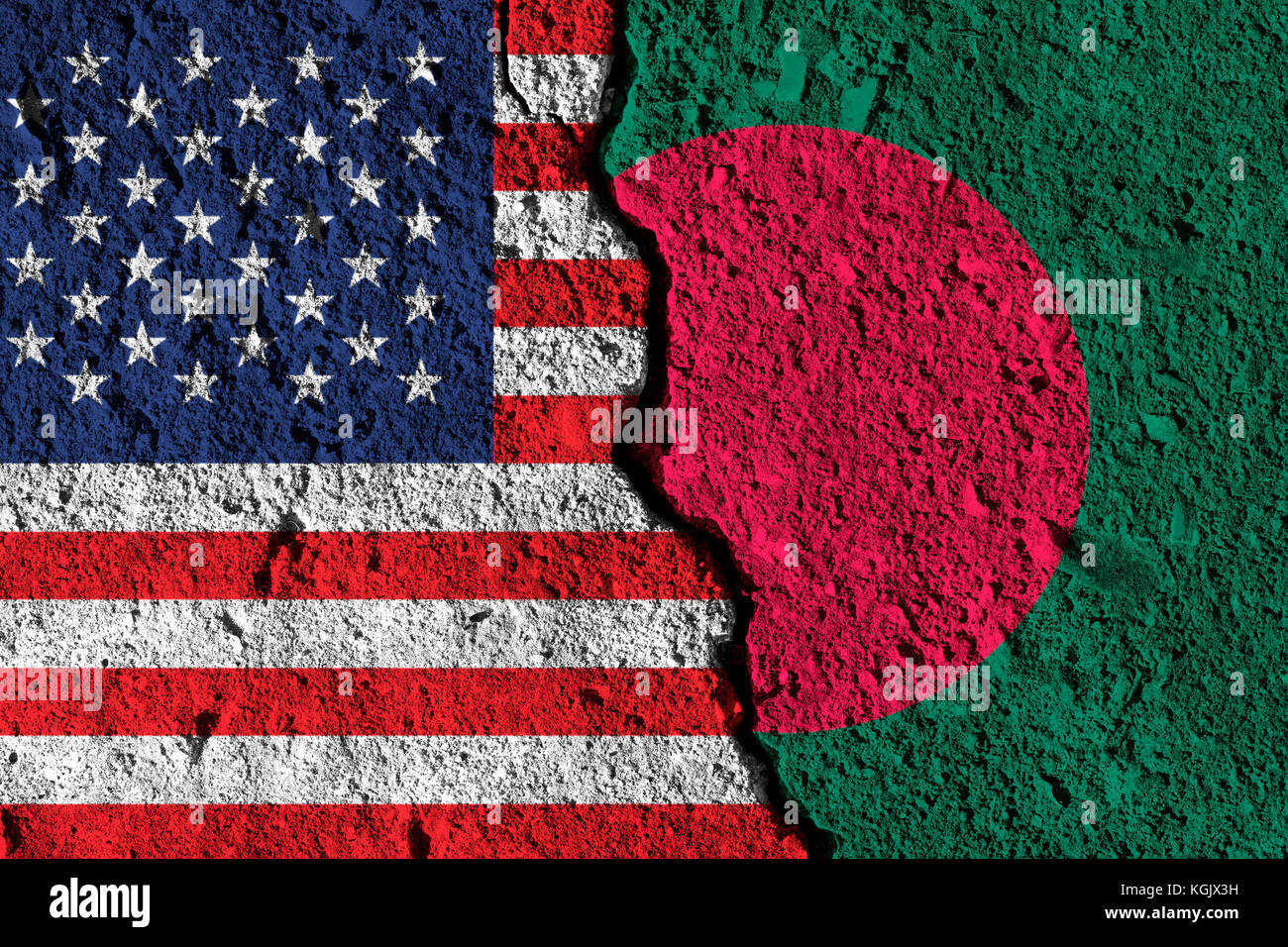 Crack between America and Bangladesh flags. political relationship concept Stock Photo