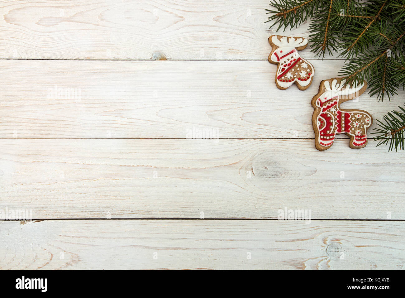 Overhead of Christmas New Year holiday background. Red gingerbread ...