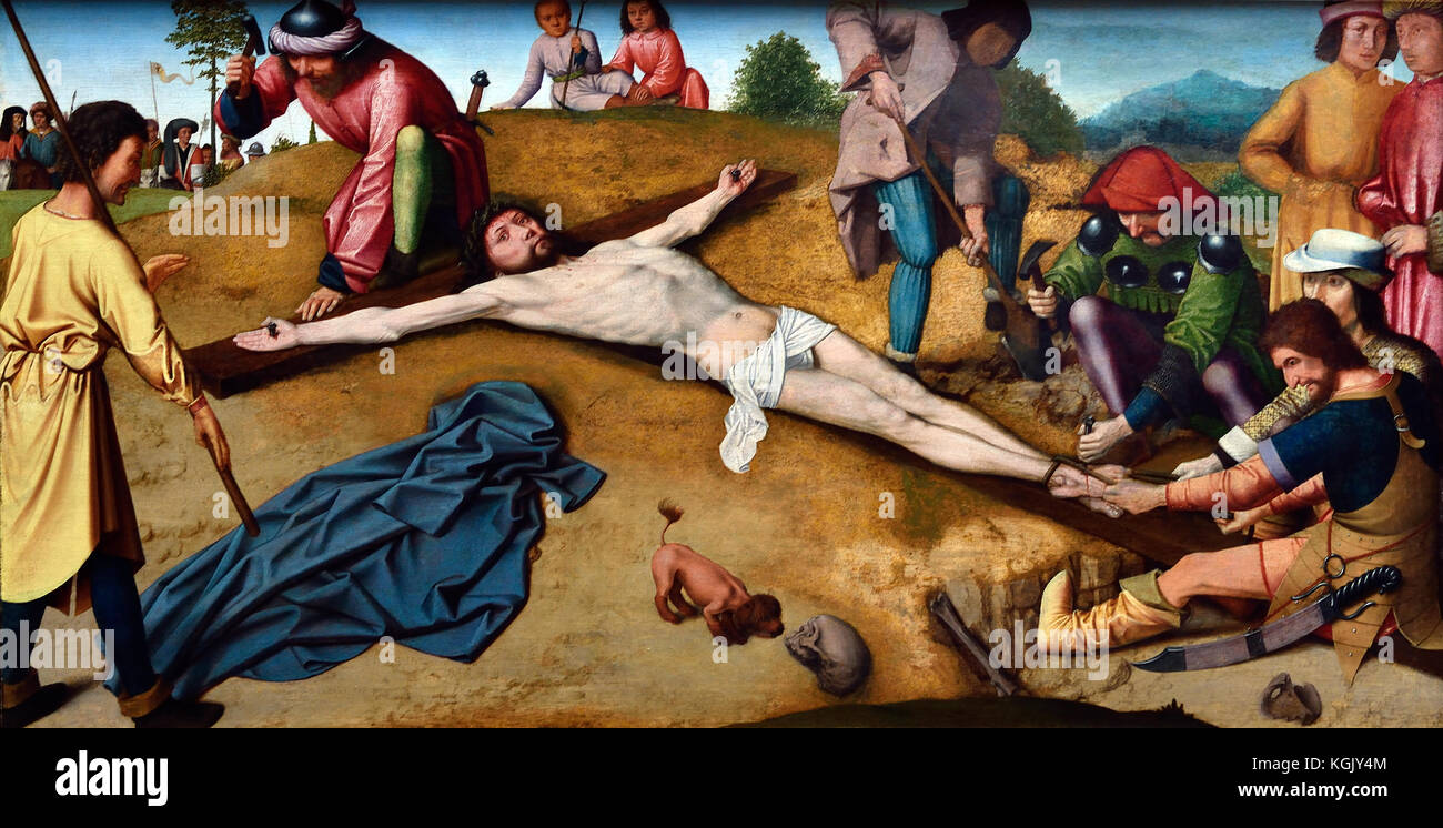 Christ nailed to the Cross 1481 Gerard David  1460 – 1523 Early Netherlandish painter and manuscript illuminator known for his brilliant use of color ( The Netherlands, Dutch, Belgian, Belgium, Flemish ) Stock Photo