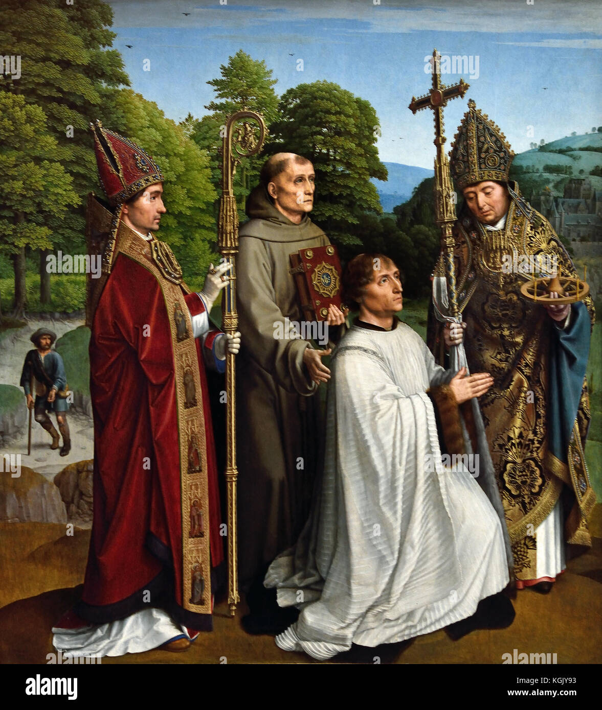 Canon Bernardijn Salviati and Three Saints 1501 Gerard David  1460 – 1523 Early Netherlandish painter and manuscript illuminator known for his brilliant use of color ( The Netherlands, Dutch, Belgian, Belgium, Flemish ) Stock Photo