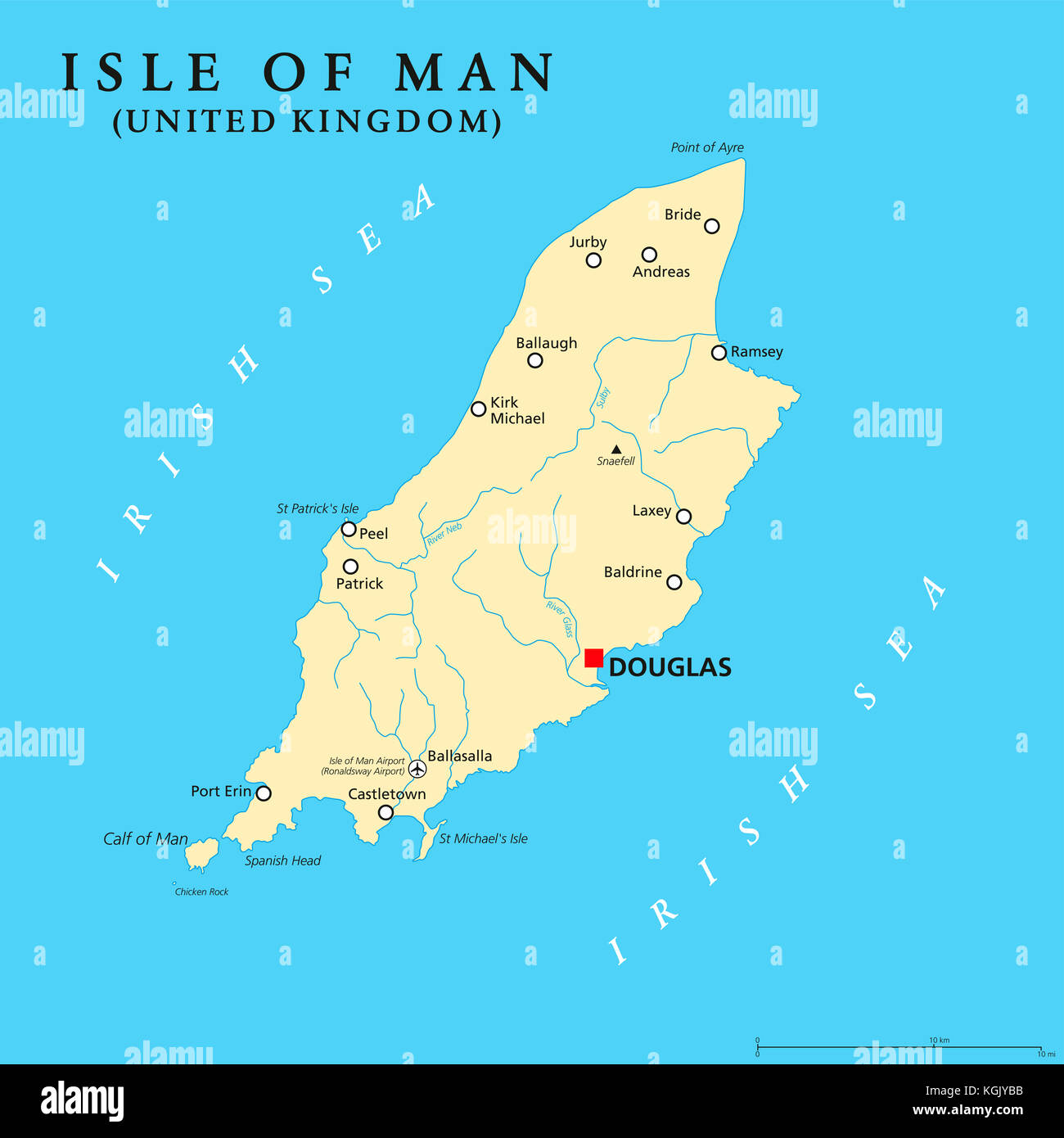 Isle of Man political map with capital Douglas and important cities. Also known as Mann, a self governing Crown dependency in Irish Sea and tax haven Stock Photo