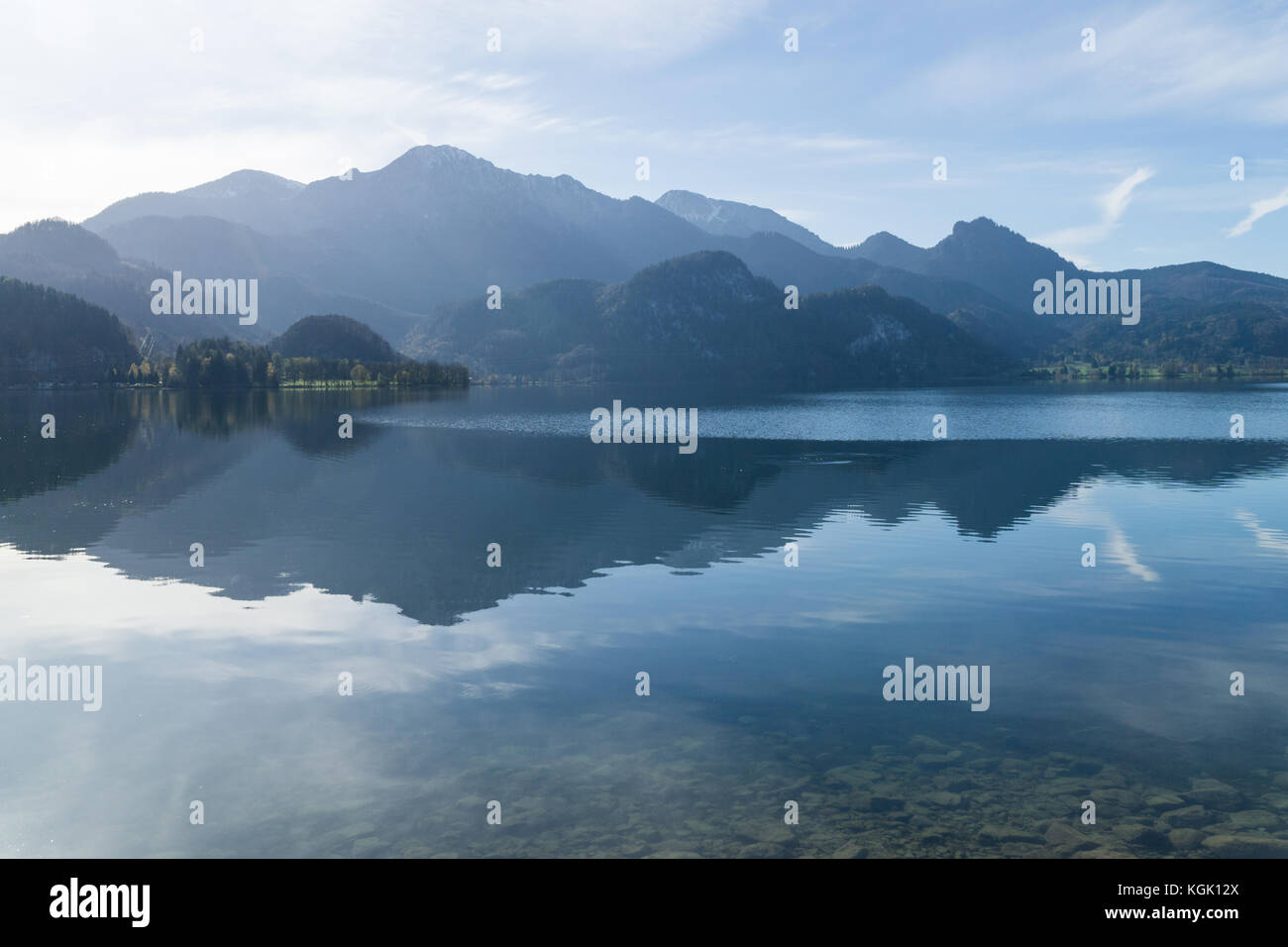 View to the Kochelsee with the mountains in the background. Stock Photo