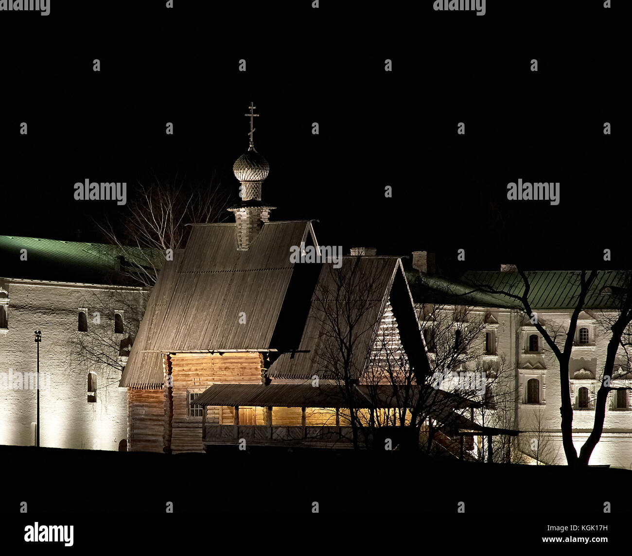 The night landscape of Suzdal. Night shooting of a wooden Orthodox church in the Suzdal Kremlin.Suzdal.Golden Ring of Russia.Wooden Orthodox church Stock Photo
