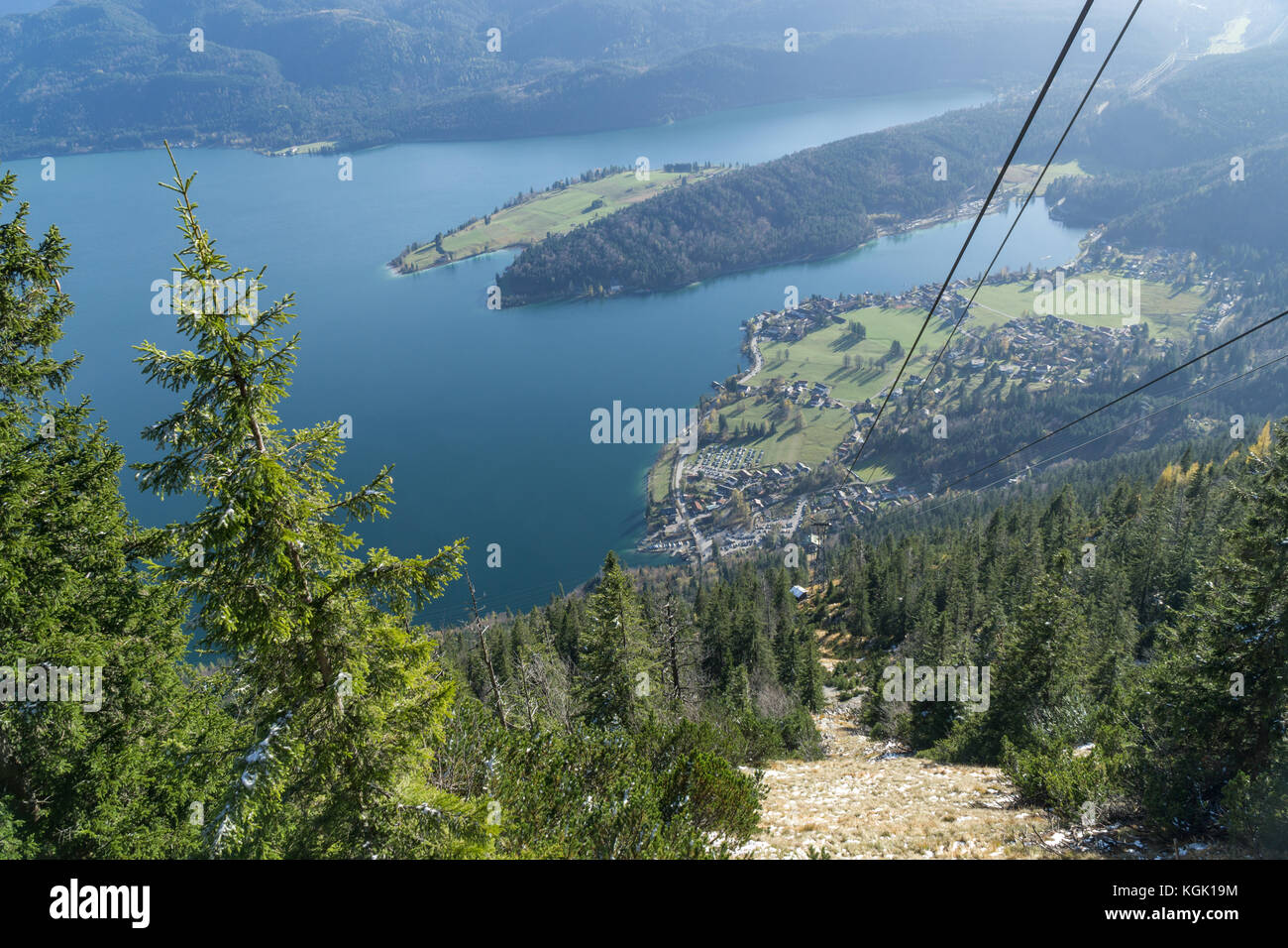 Panoramic view from Herzogstand to the cable car at Walchensee. Stock Photo