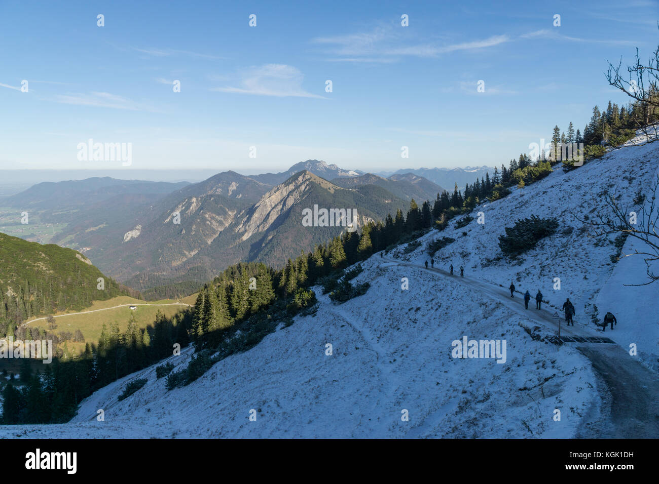 Panoramic view from Herzogstand with the mountainscape in the background. Stock Photo