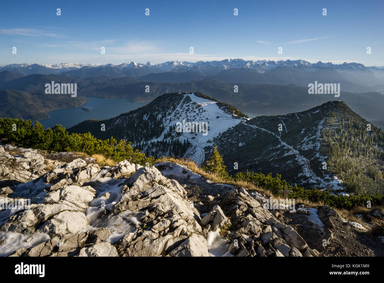 Panoramic view from Herzogstand to Kochelsee and Walchensee Stock Photo