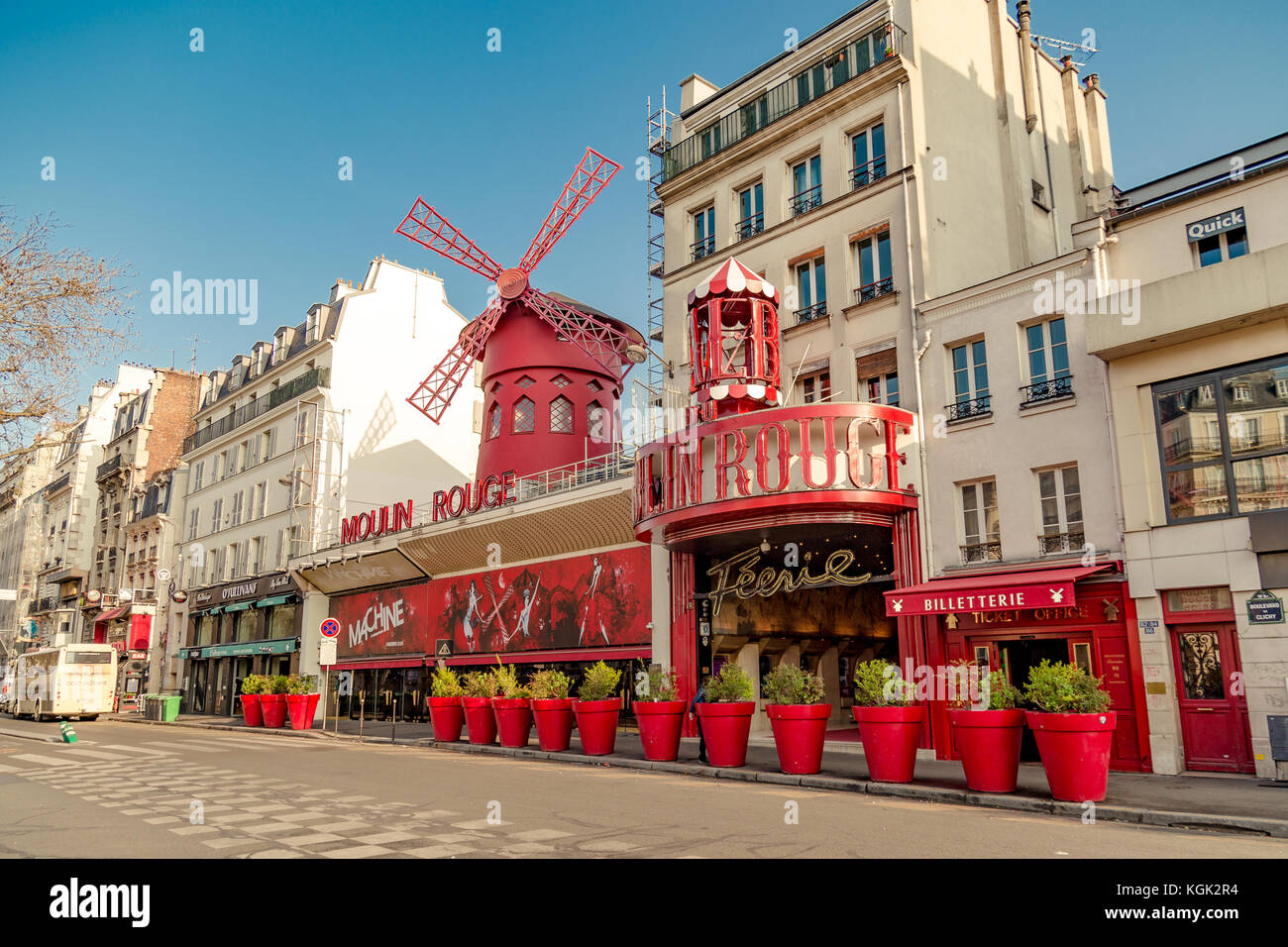 Paris, France, March 31 2017: Moulin Rouge is a famous cabaret built in 1889, locating in the Paris red-light district of Pigalle Stock Photo