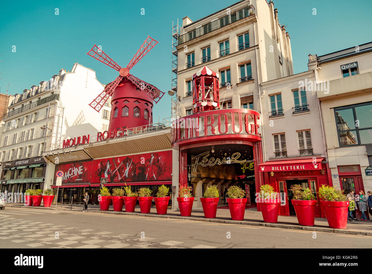 Paris, France, March 31 2017: Moulin Rouge is a famous cabaret built in 1889, locating in the Paris red-light district of Pigalle Stock Photo