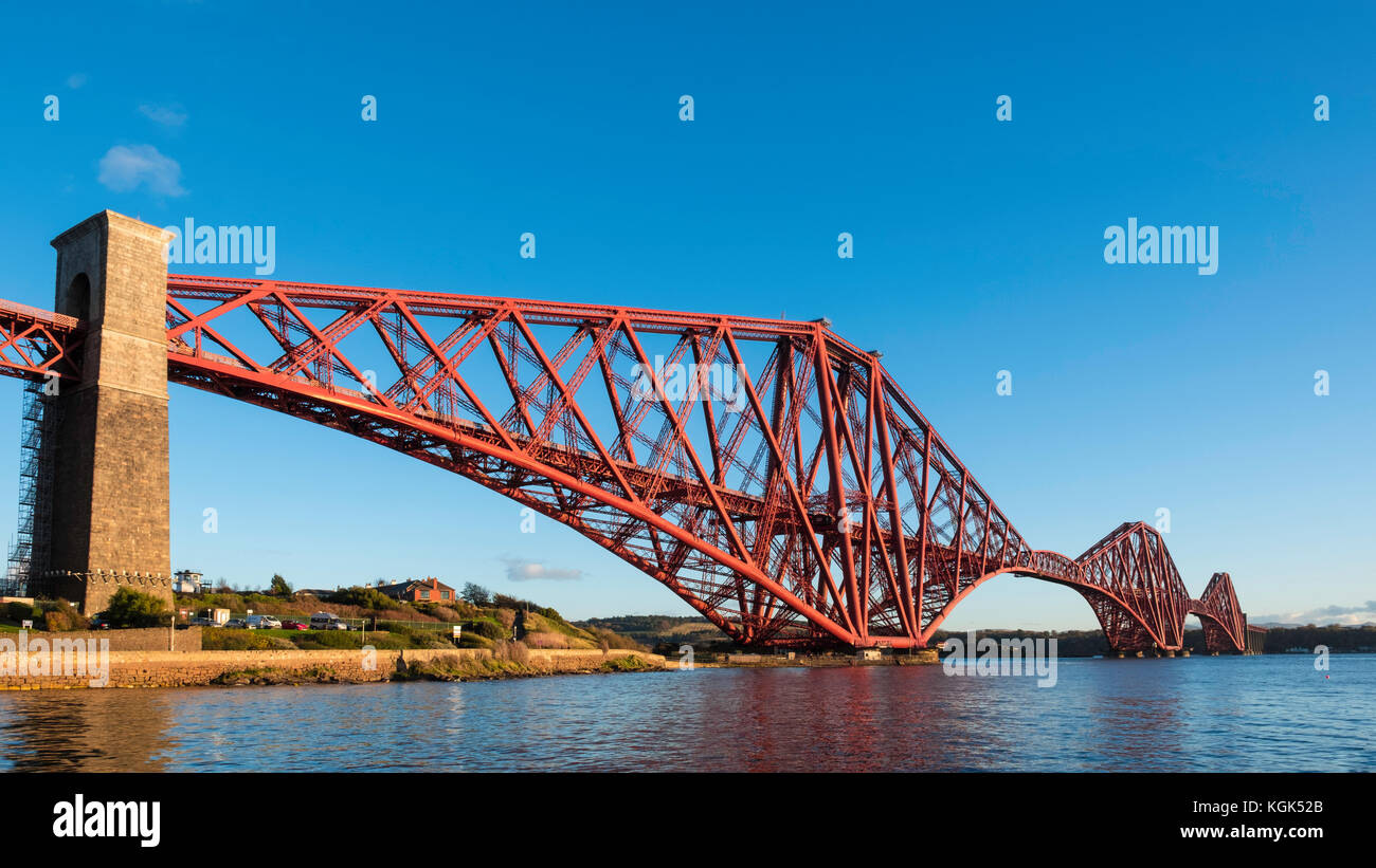 View of famous Forth Rail Bridge spanning the Firth of Forth between Fife and West Lothian in Scotland, United Kingdom. Stock Photo