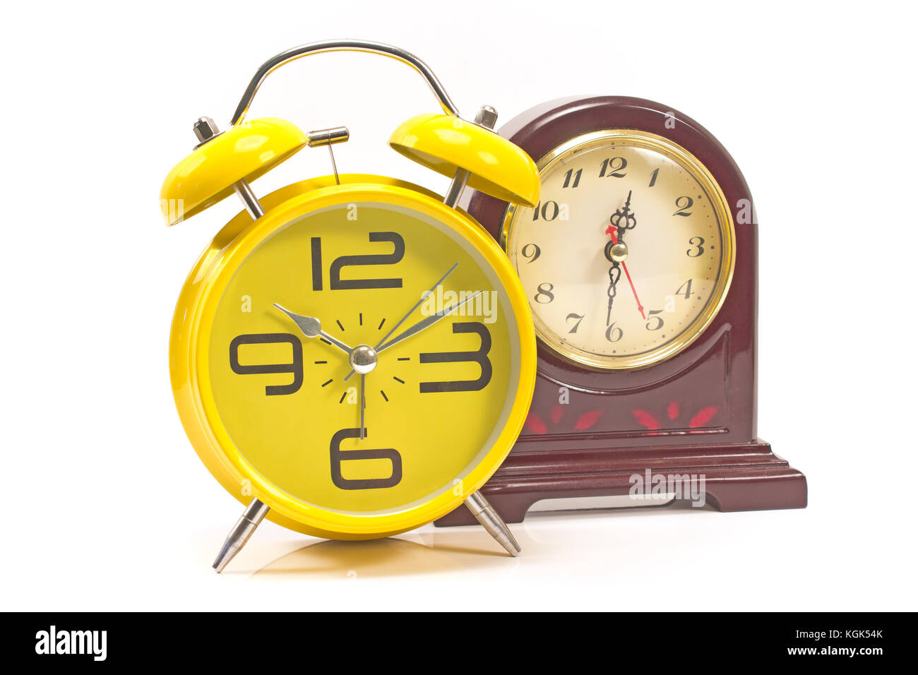 Two retro style alarm clocks isolated on white background Stock Photo