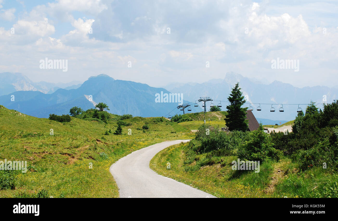 The landscaape on the top of Monte Zoncolan in Friuli, north east Italy. The mountain is 1750m and is used for skiing in the winter - an out-of-use sc Stock Photo